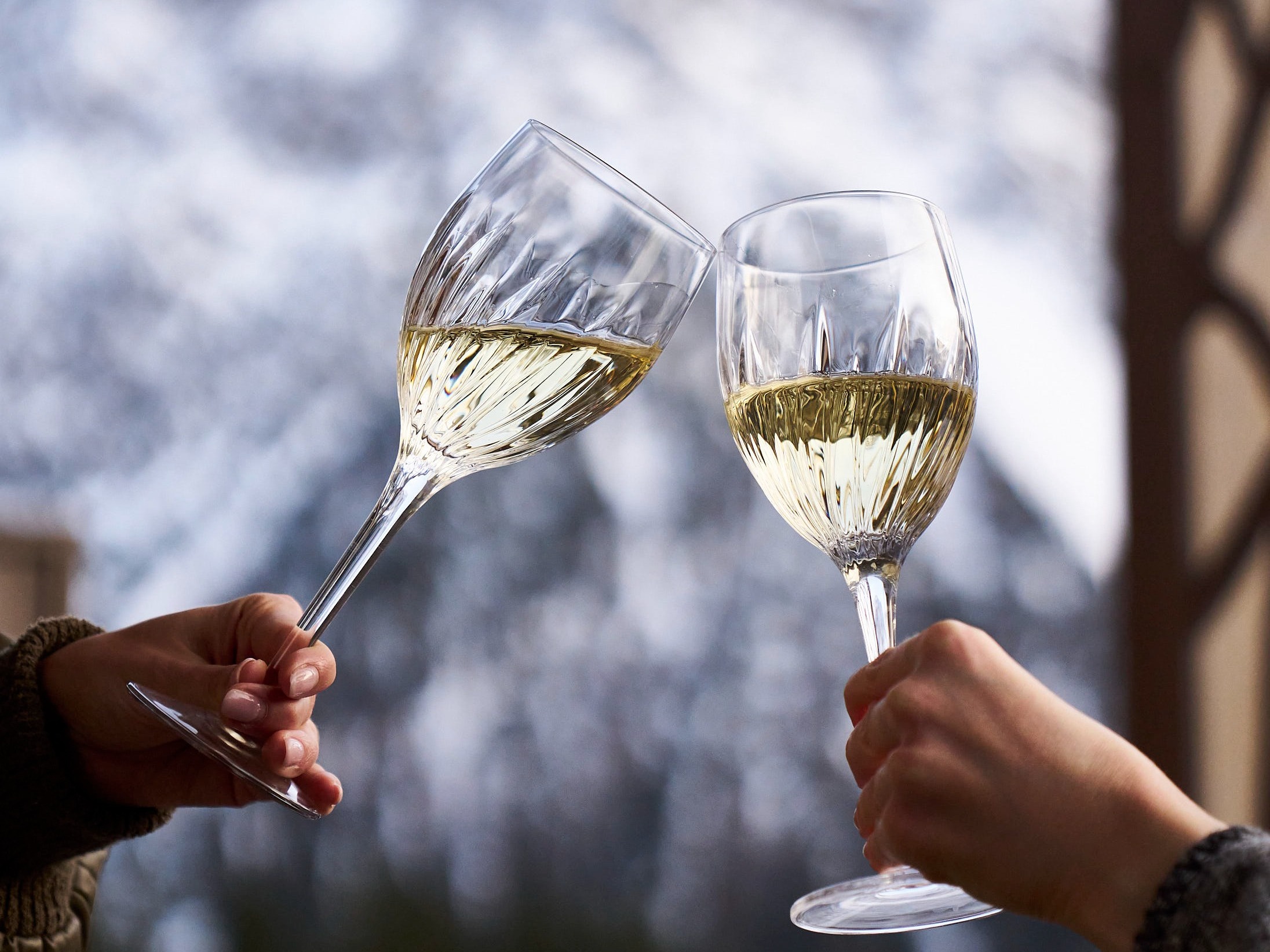 Zwei Personen stoßen mit Weissweingläsern vor verschneiter Bergkulisse an.