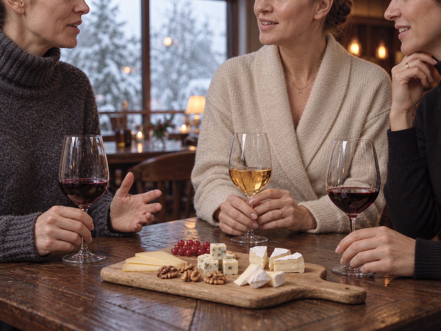 Three women sit together at a wooden table, enjoying wine and a selection of cheeses.