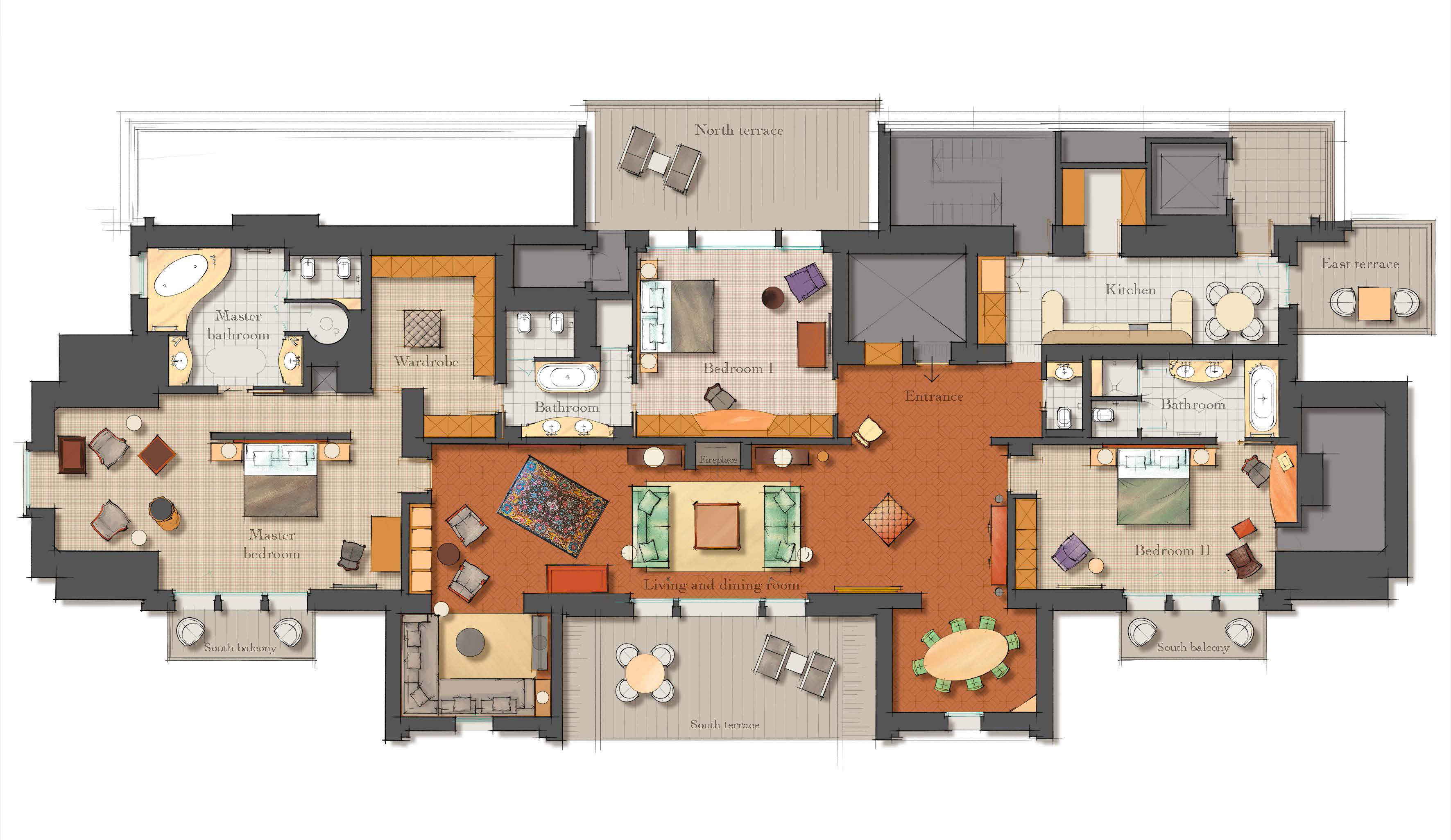 Architectural floor plan showing room layouts, furniture placement, and spatial organization in beige and white tones.
