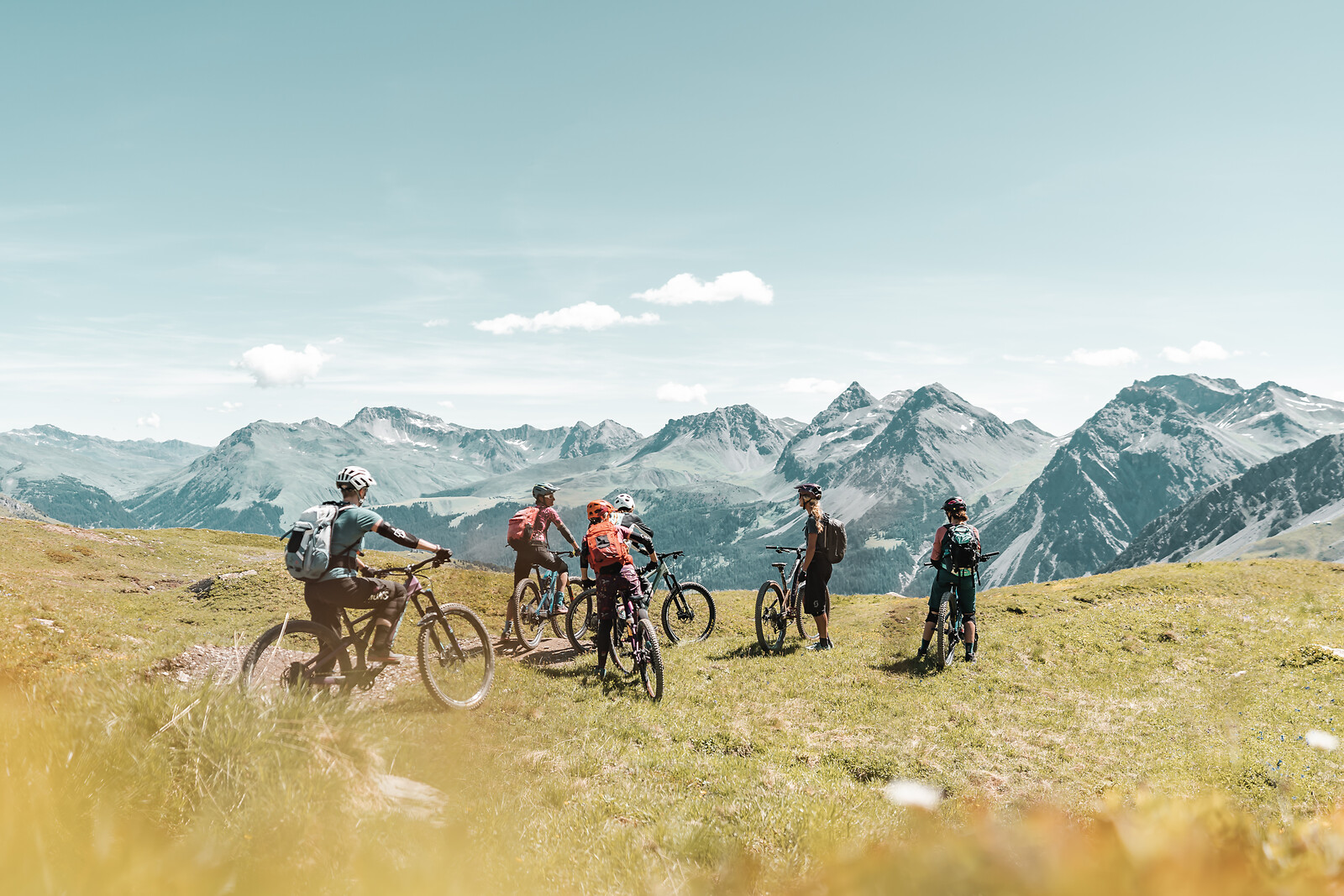 Group of mountain bikers with helmets and backpacks standing on grassy hillside overlooking snow-capped mountain range.