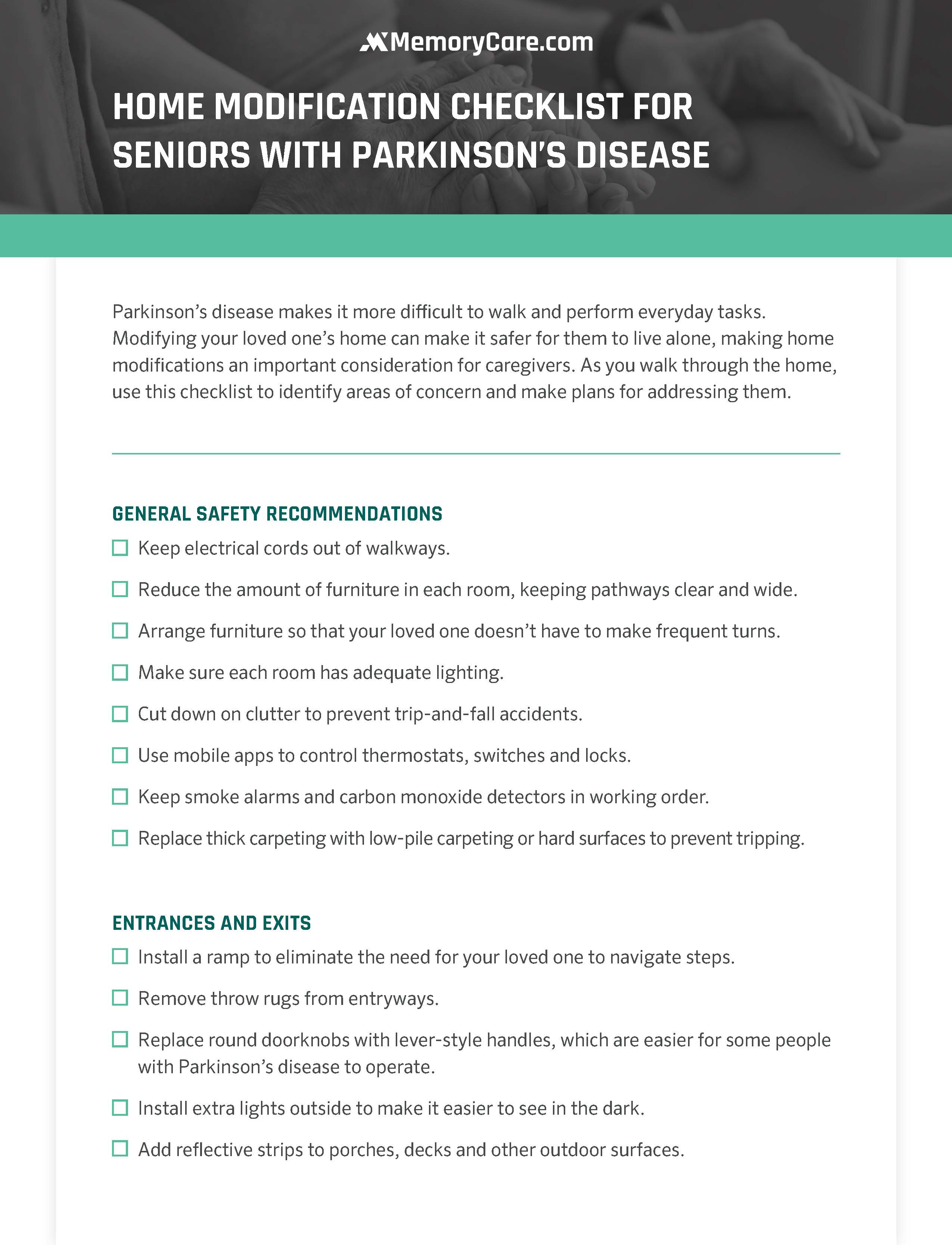 HOME MODIFICATION CHECKLIST FOR
SENIORS WITH PARKINSON’S DISEASE