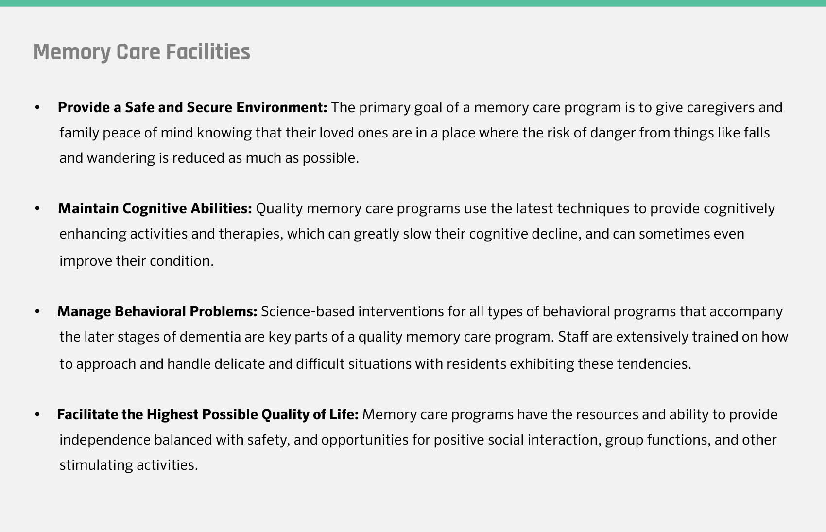 Overview of what memory care facilities provide