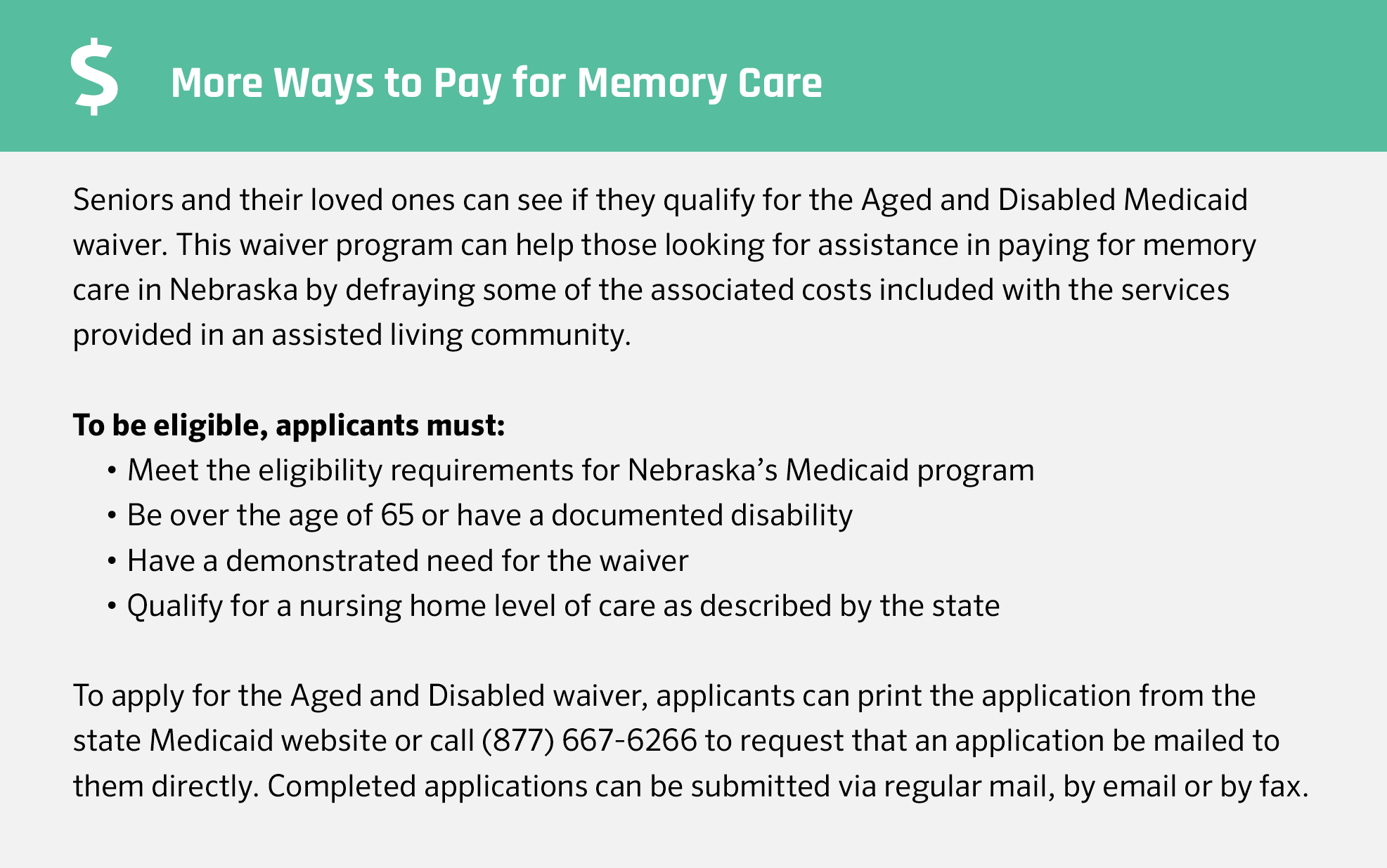 Memory care financial assistance in Nebraska