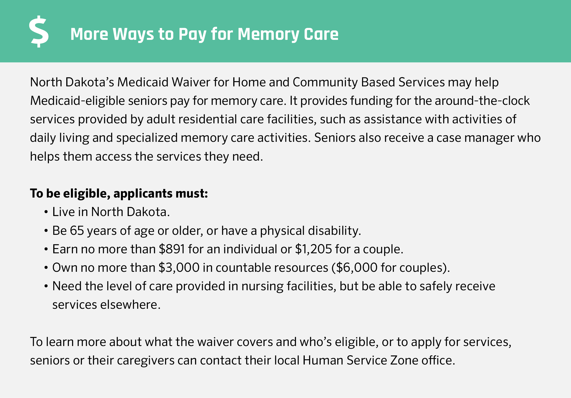 Memory care financial assistance in North Dakota