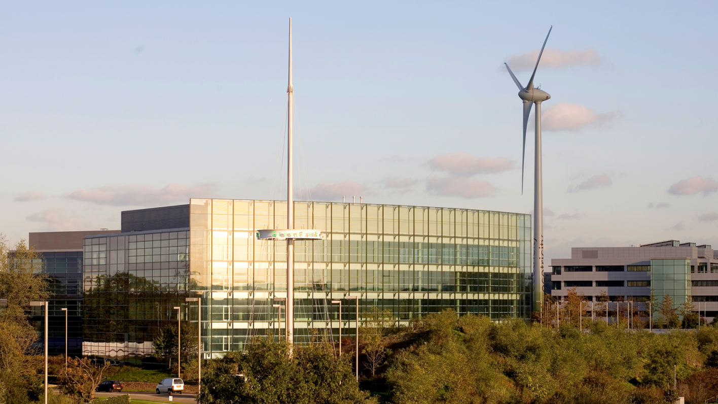 Office block and wind turbine at Green Park in Reading
