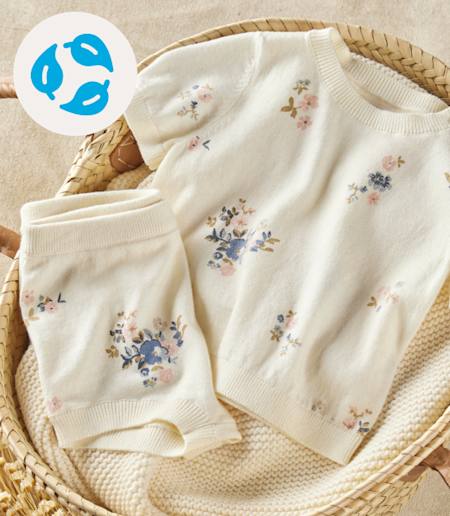 A matching set of a floral print top and shorts. 