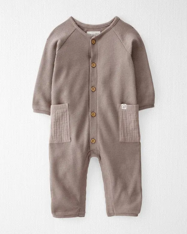 Washed Taupe Baby Waffle Knit Jumpsuit Made With Organic Cotton in Taupe