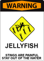 A sign with bold red text at the top that says "Warning" and iconography that depicts a swimmer surrounded by jellyfish. At the bottom the sign says: "Jellyfish. Stings are painful, stay out of water."