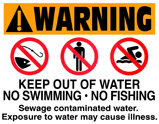 A sign with large, red text that says "Warning" at the top, three icons depicting water activities that are not allowed, and text that says: "Keep out of water. No swimming. No fishing." Also indicates sewage contamination.