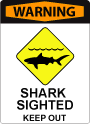 A sign with bold red text at the top that says "Warning", and iconography that indicates the presence of a shark. Text under the icon says: "Shark sighted. Keep out."