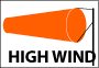 Wind Advisory Icon An image of a bright orange wind sock indicating high winds. Text under the image says: "High wind".