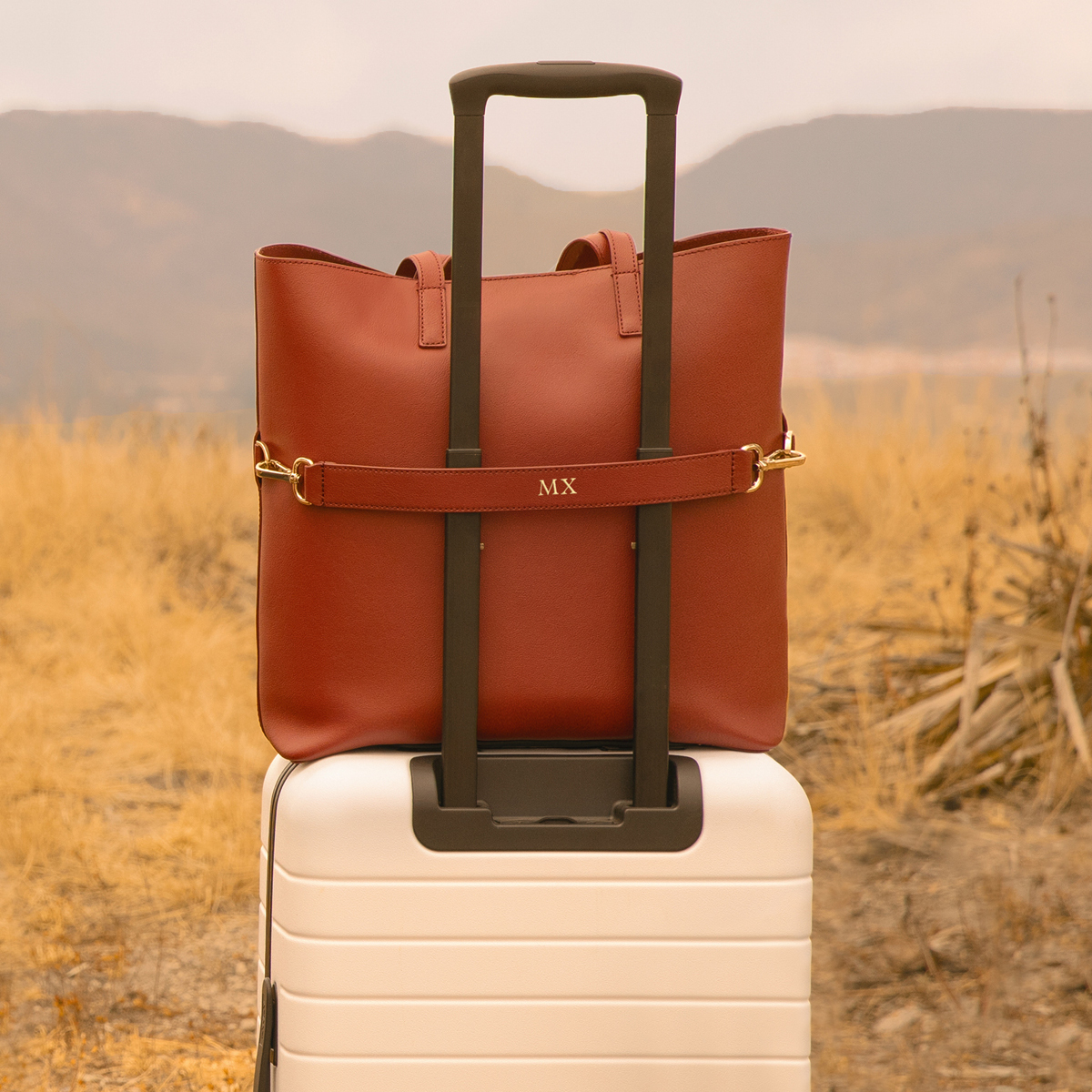 white and leather luggage