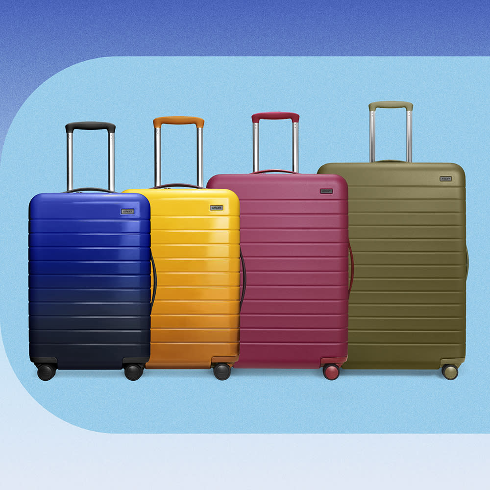 The Carry-On in Nightfall Ombre, The Bigger Carry-On in Golden Ombre, The Medium in Wine Matte, and The Large in Sage Matte