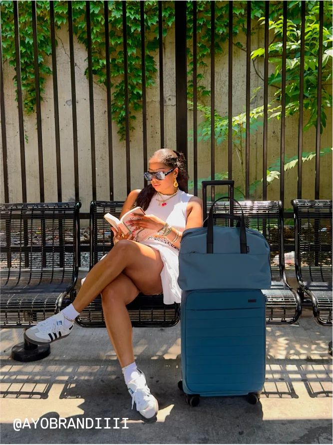 @AY0BRANDIIII with Away's Softside Bigger Carry-On and Everywhere Bag in Coast Blue