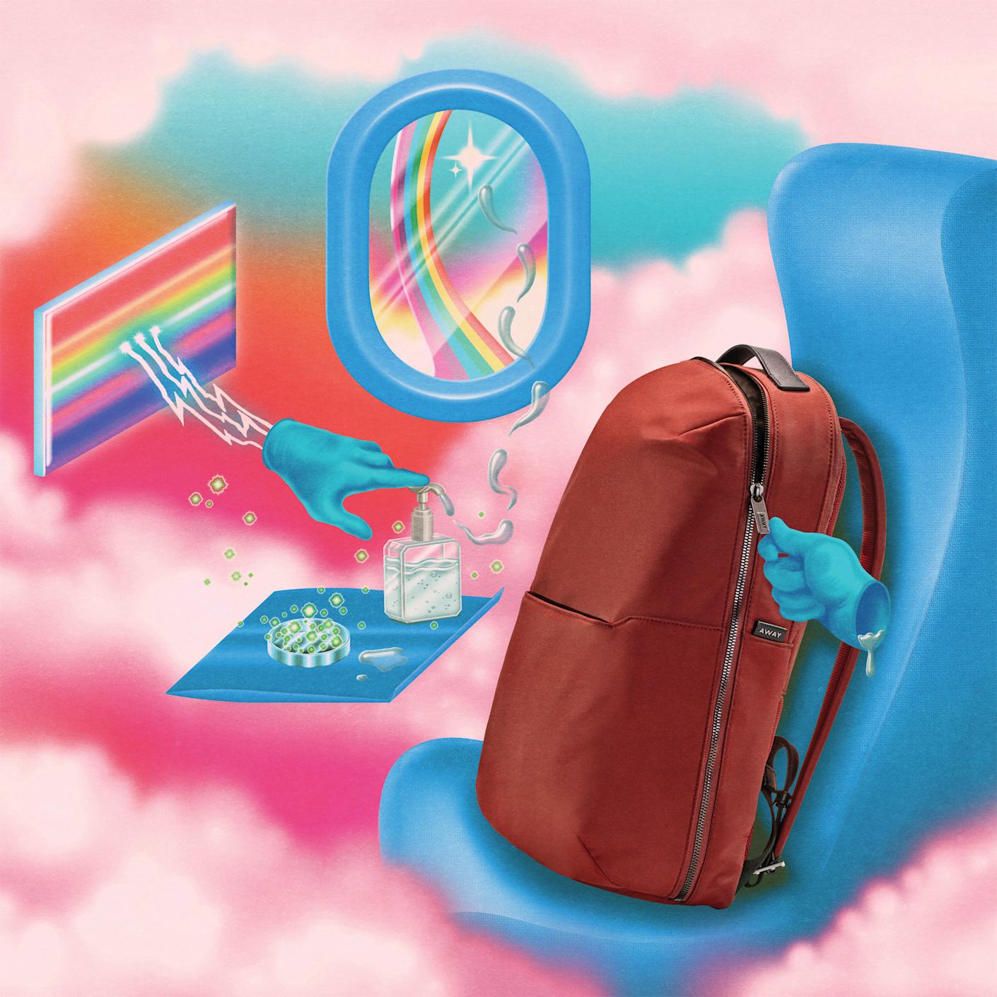 Whimsical illustration of a maroon backpack on a blue airplane seat, pink clouds all around, a hand pumping sanitizer out of a colorful panel with a rainbow outside the seat window.