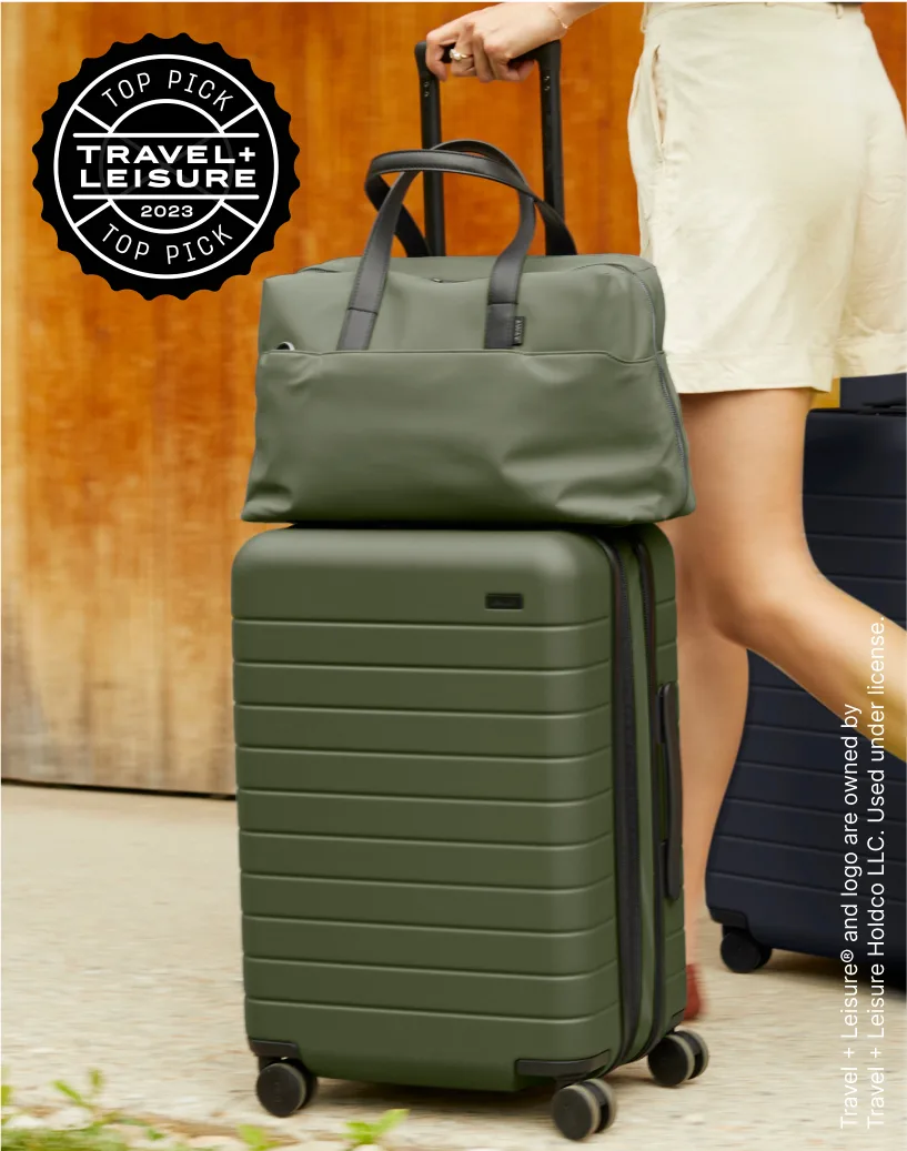 Away's best selling Bigger Carry-On Flex in Olive Green with a matching Everywhere Bag duffle