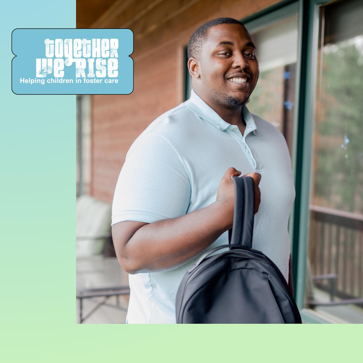 An image of a man holding a backpack, with graphic design of the together we rise logo