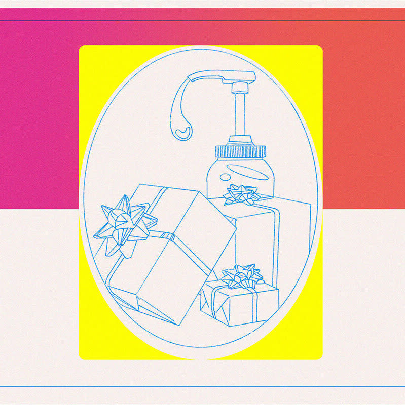 Sketch of gifts wrapped and packed with a hand sanitizer bottle against a background of neon colors pink and yellow.