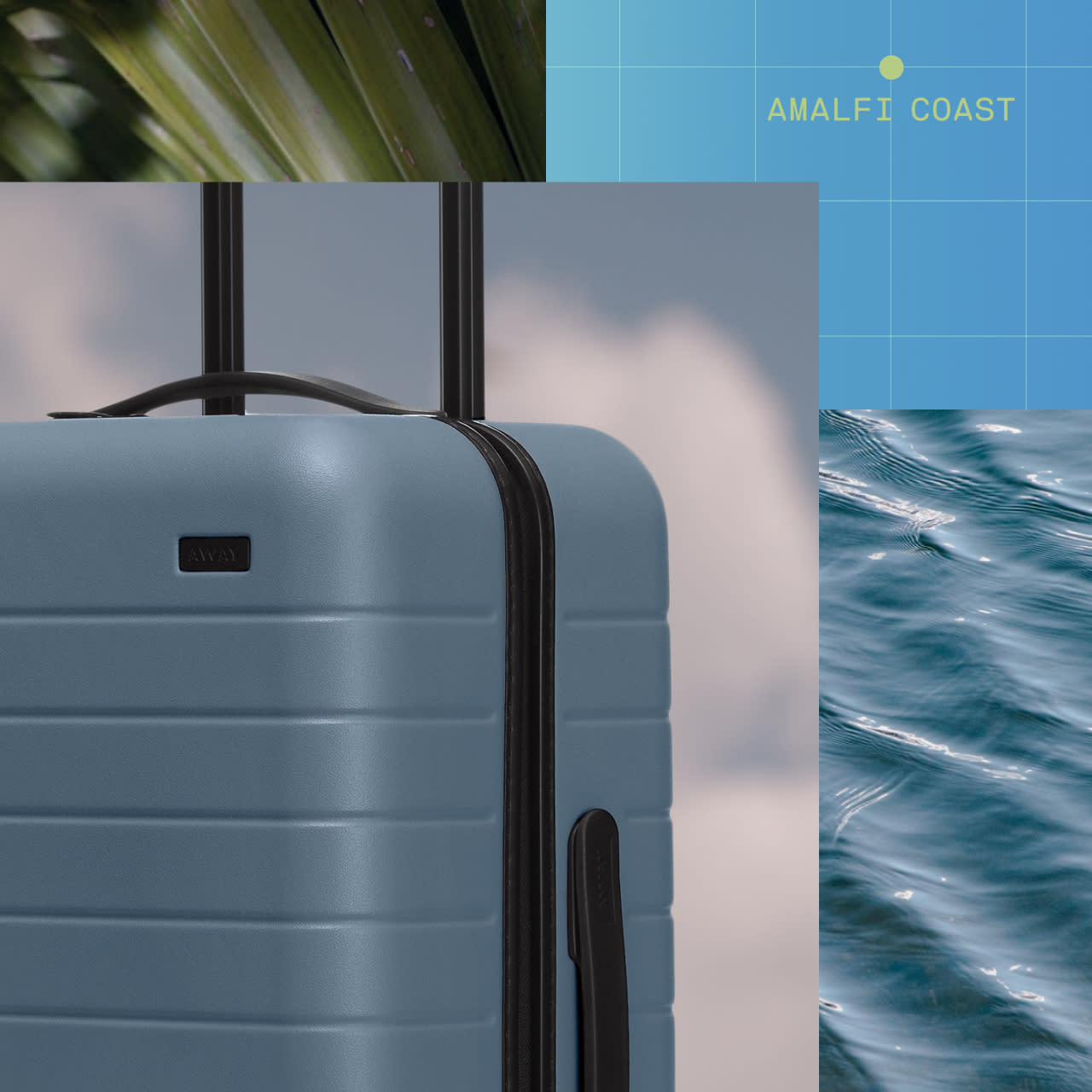 Waterline with words ‘Amalfi Coast’ in yellow in a grid line with an Away carry-on suitcase in blue with a foliage background.