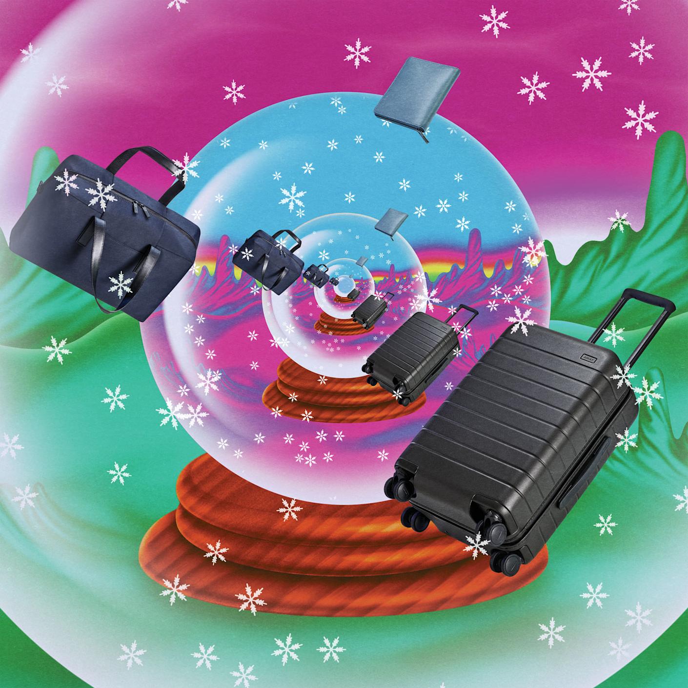 A snow globe with black and blue suitcases and travel bags flying out if It with snowflakes falling against a pink sky and green ground.