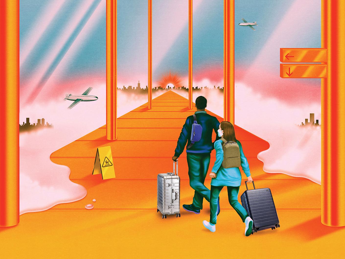 An illustration of people with luggage walking down an airport corridor with planes and cityscape outside the windows.