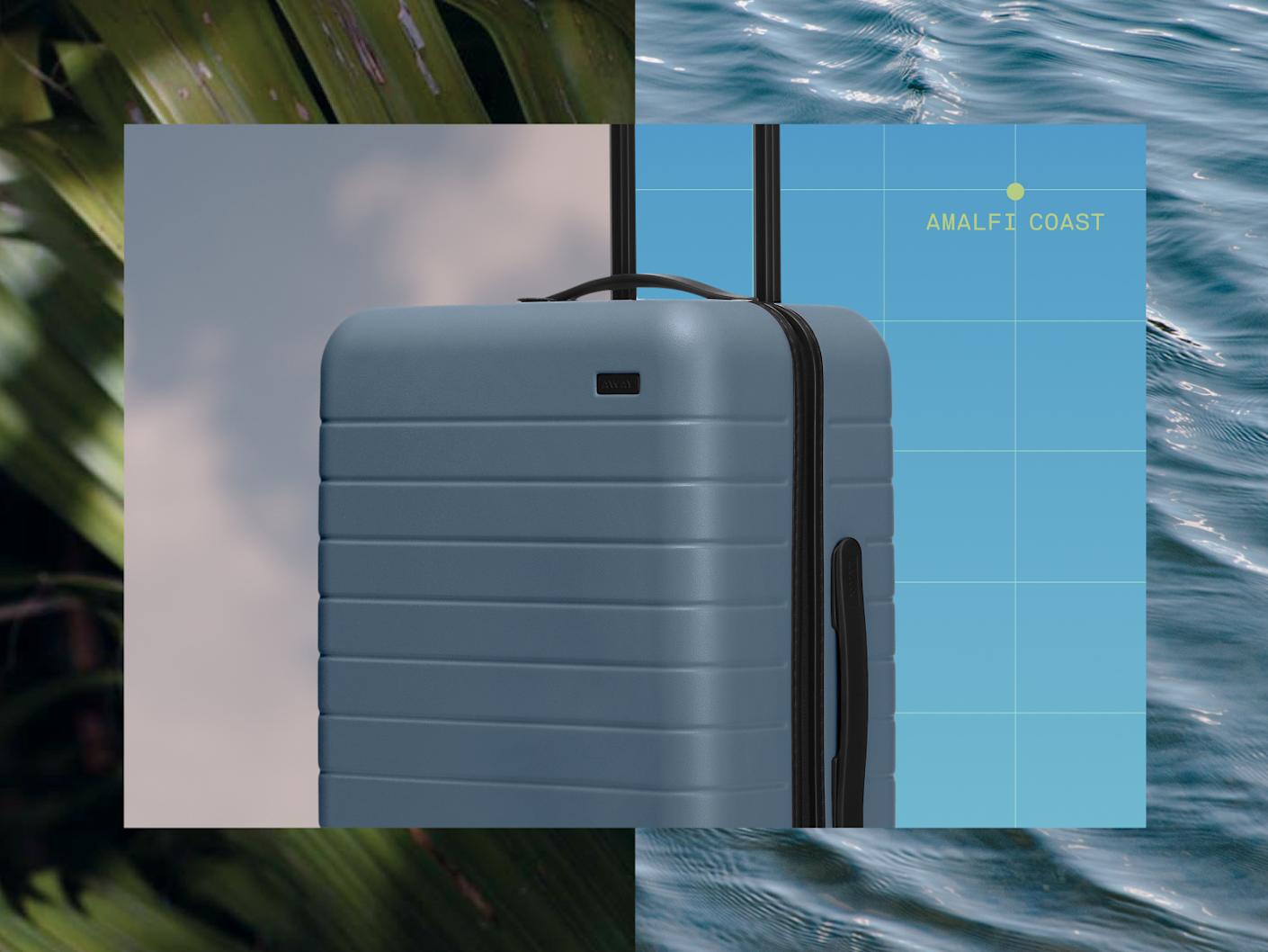 Waterline with words ‘Amalfi Coast’ in yellow in a grid line with an Away carry-on suitcase in blue with a foliage background.