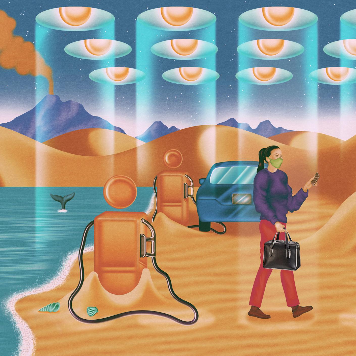 An illustration of a woman in a mask walking with a black travel bag, with a surreal seascape behind her, a car getting gas, with strange lights beaming down.