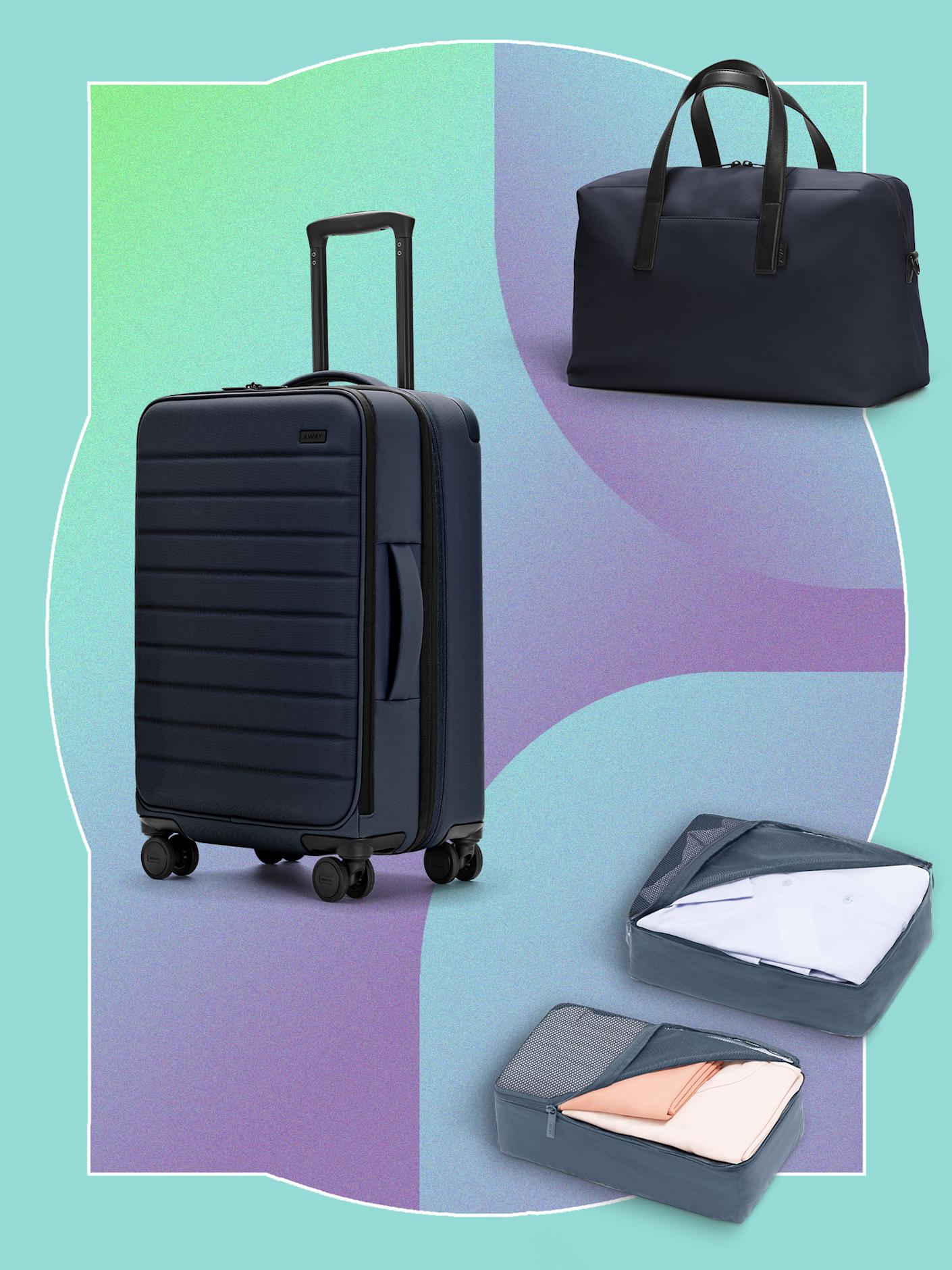 The Expandable Bigger Carry-On in Navy, The Everywhere Bag in Navy nylon, The Insider Packing Cubes (Set of 4) in Coast