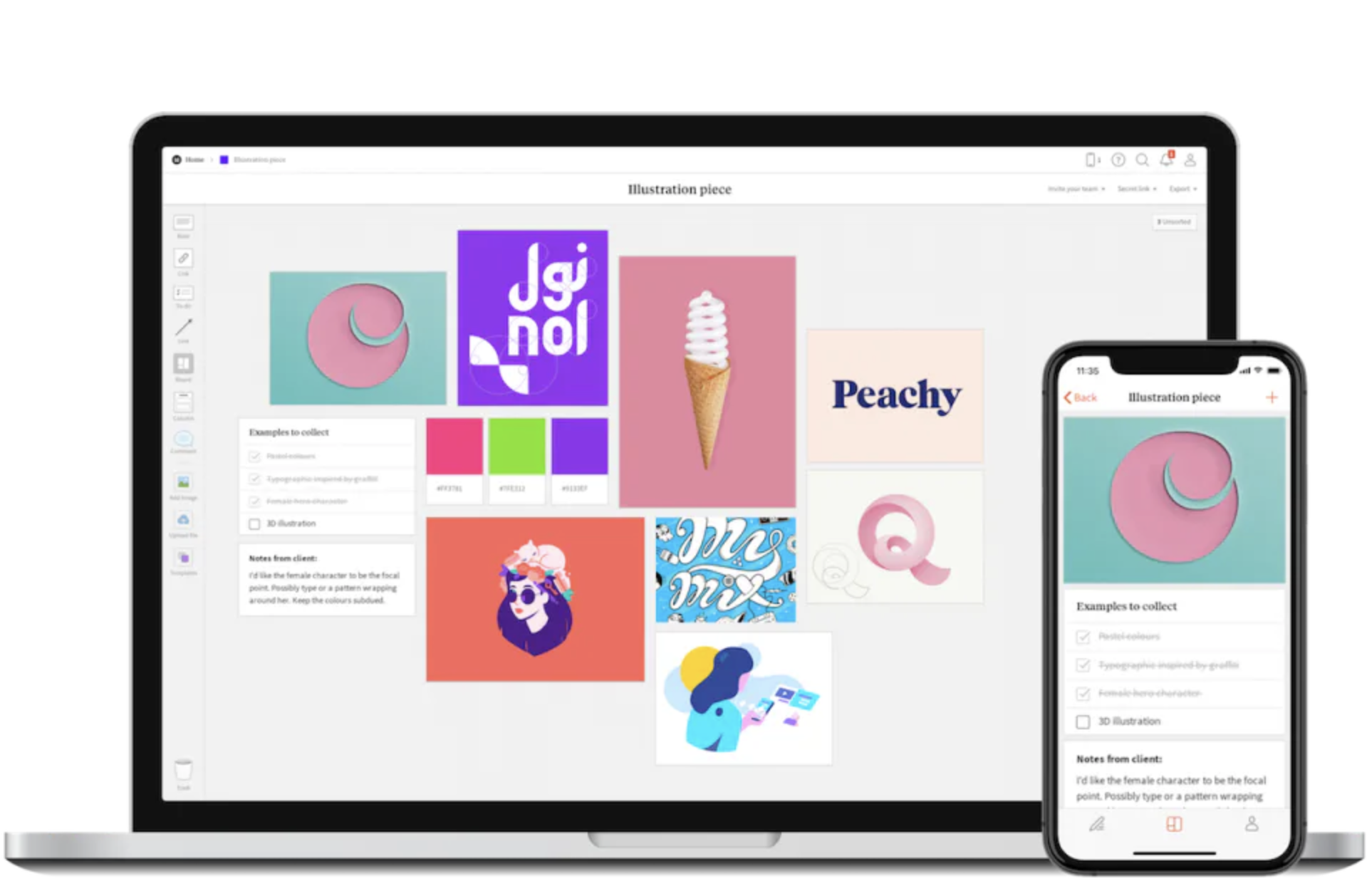 Interface de desktop e aplicativo móvel do Milanote, que ajuda na criação de um banco de ideias
