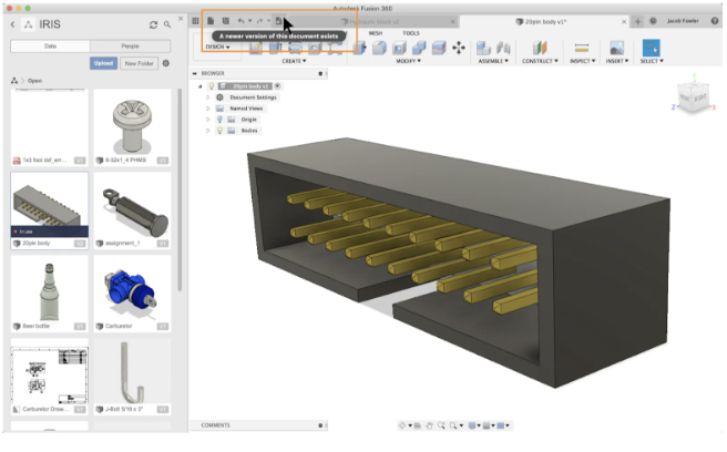 Designfenster mit Toolbar, Versionierung, Upload- und Kommentarfunktionen in der CAD-Software Fusion 360