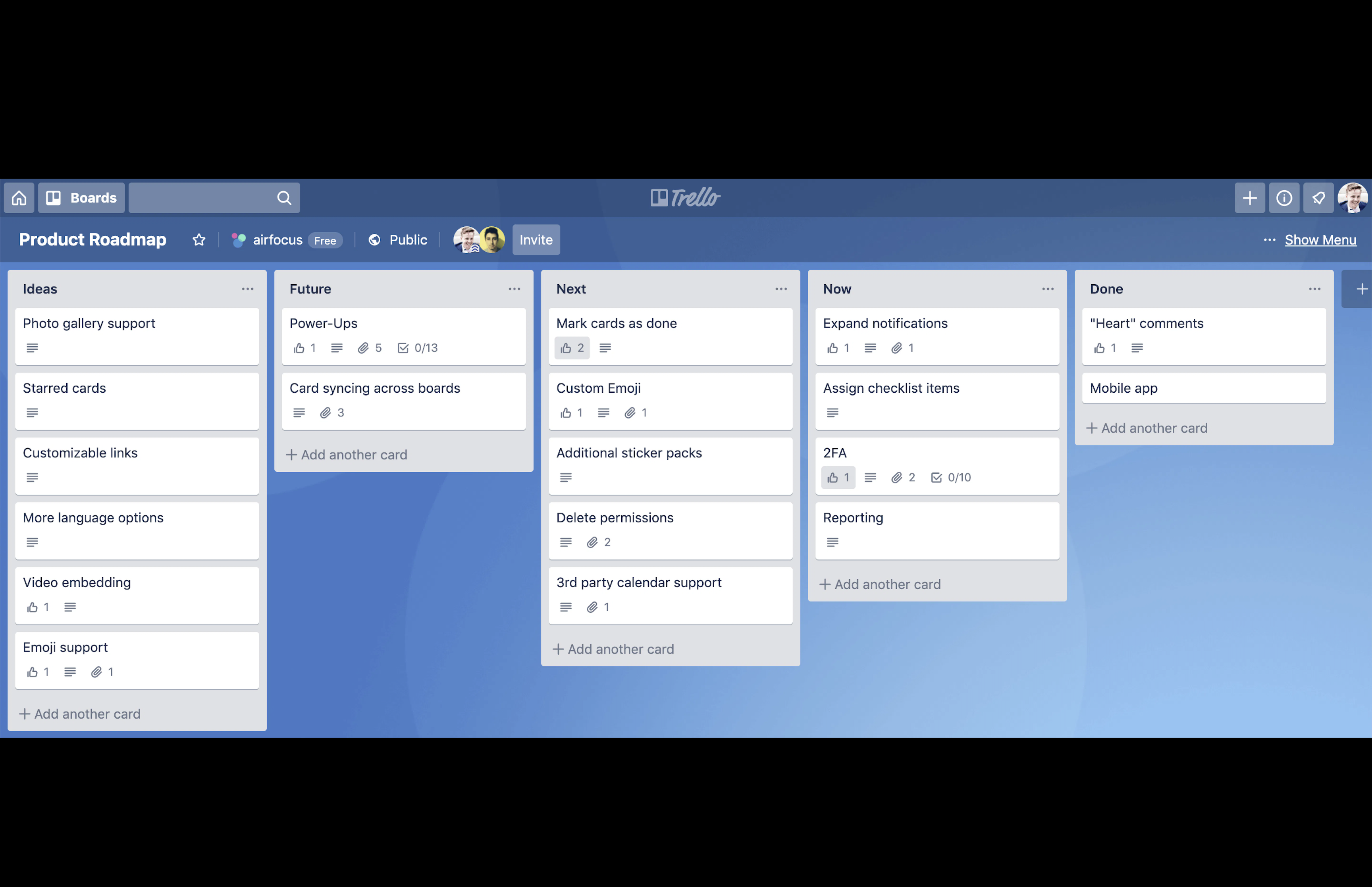 Quadro Kanban que pode ser utilizado para criar roteiros de ideias no Trello