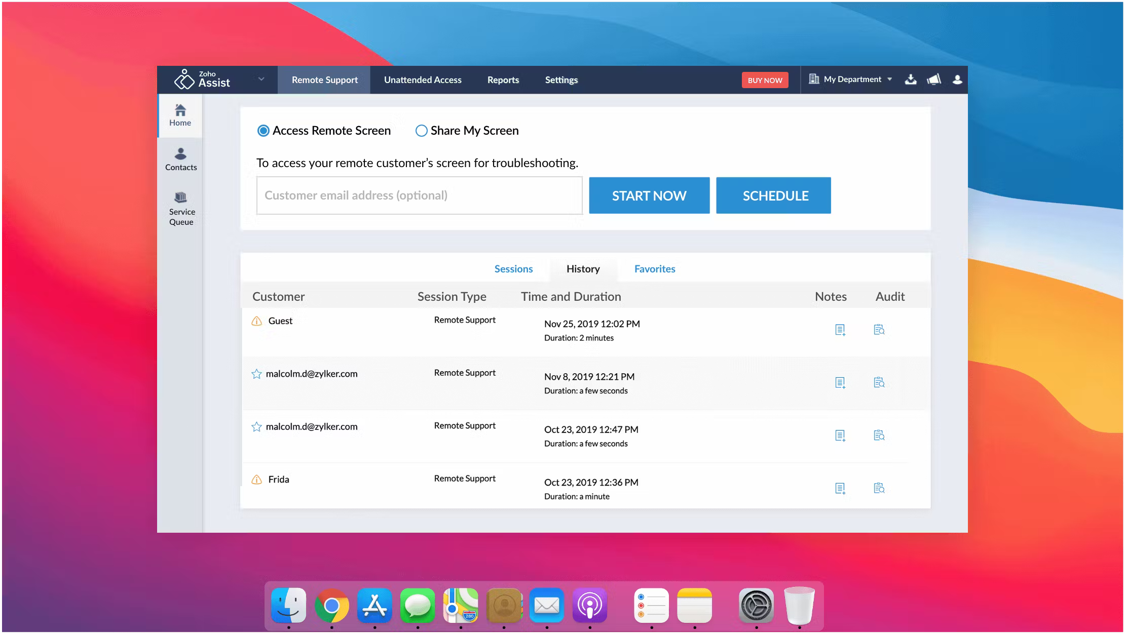 Interface de uma das plataformas para trabalhar home office com lista de clientes e registros de sessão