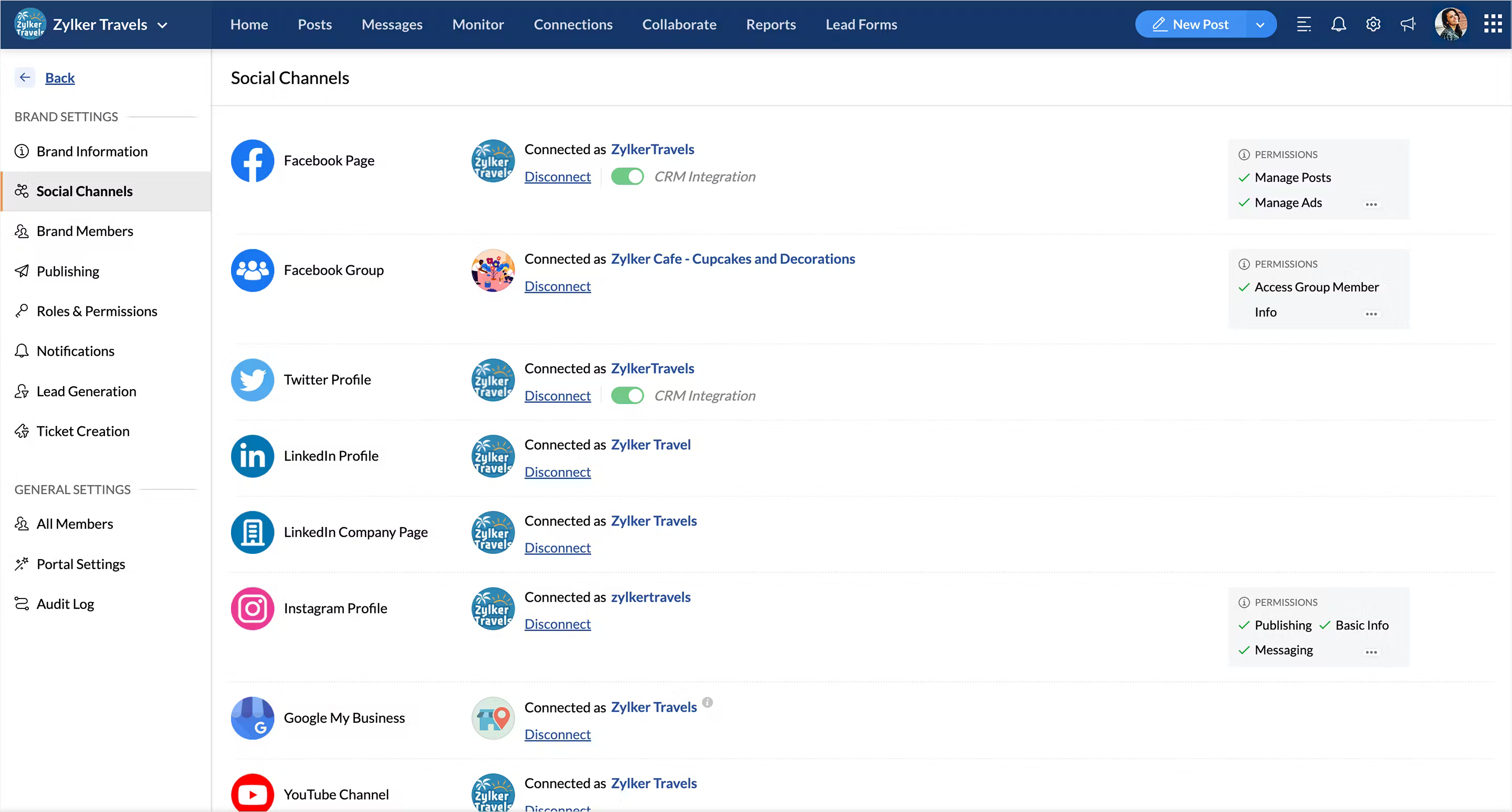Vue d'ensemble de tous les canaux de médias sociaux dans un logiciel de gestion de marque