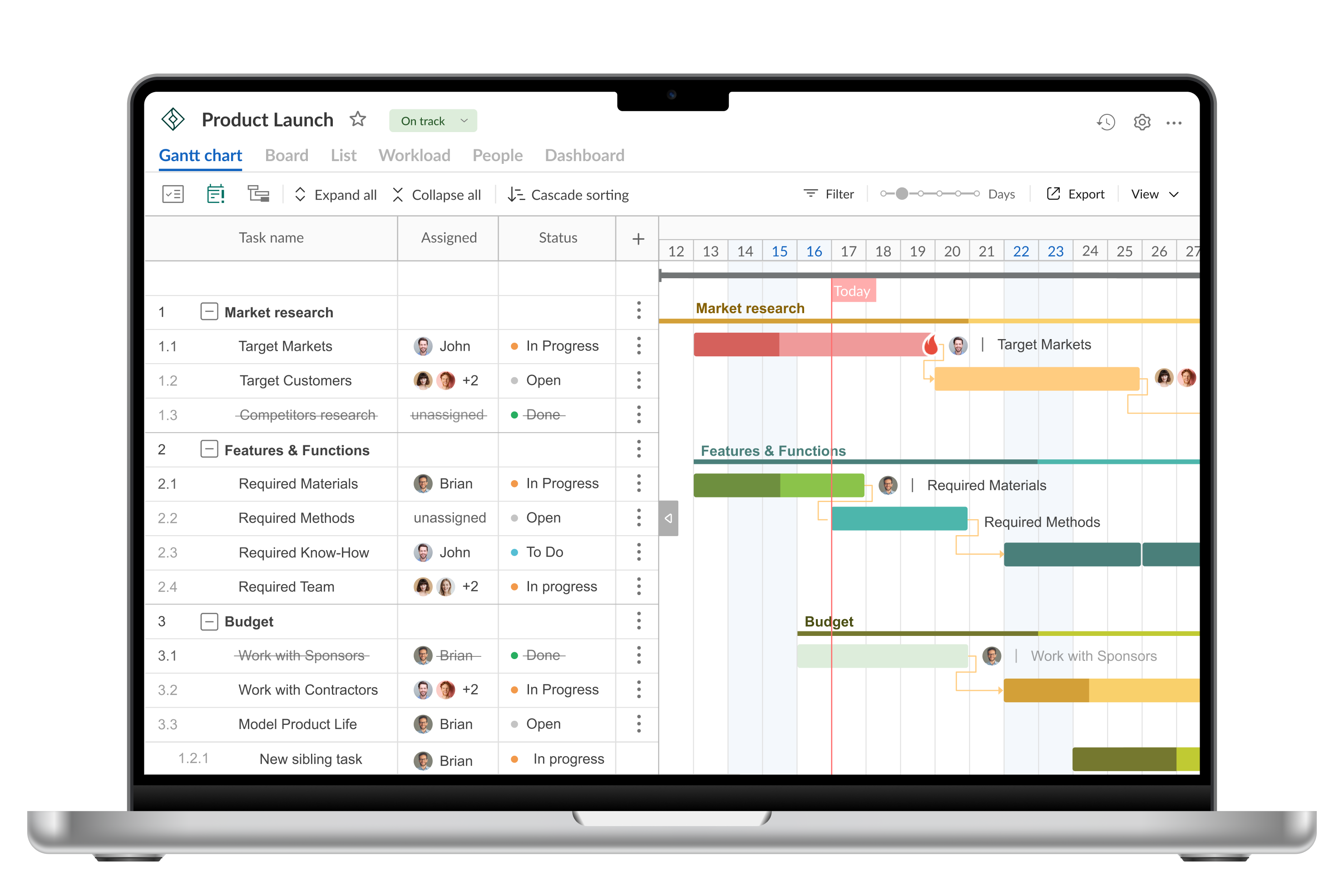 Visualização do gráfico de Gantt com tarefas, responsáveis e visualização de calendário do GanttPro, um dos aplicativos de produtividade