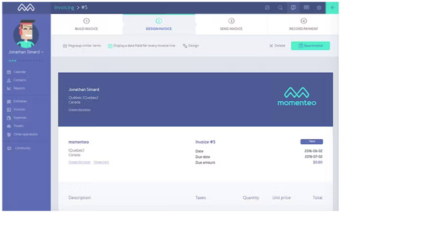 Invoice creation and management dashboard via Momenteo accounting software

