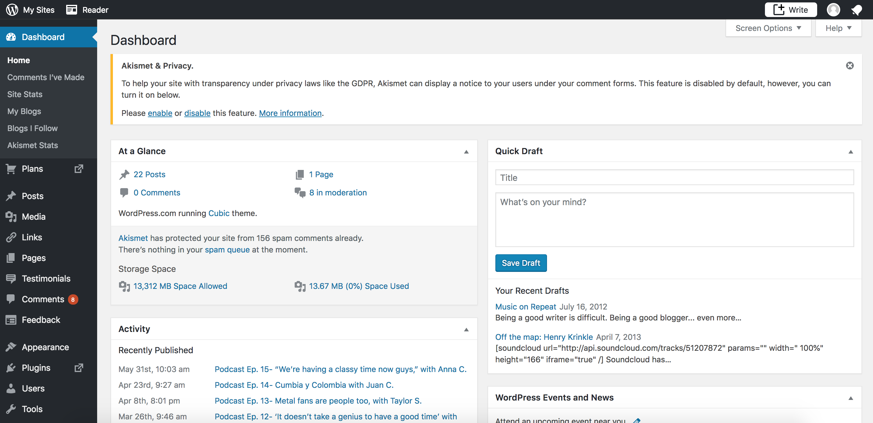 Tableau de bord sur le CMS Worpdress