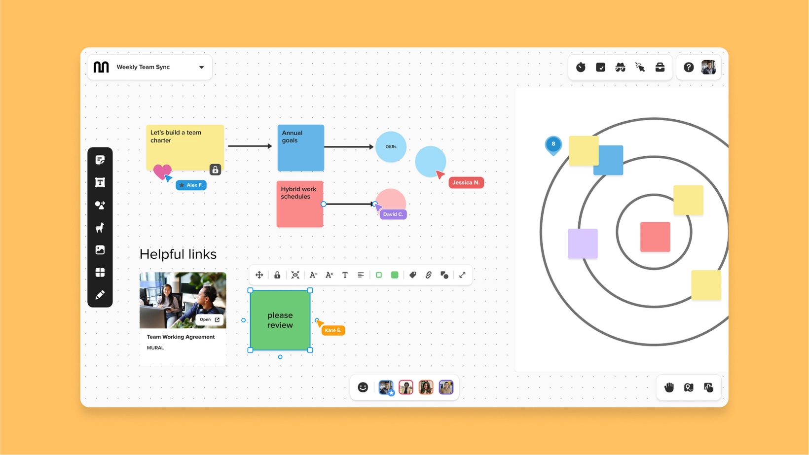 Contribuições da equipe em tempo real no aplicativo de gestão de criatividade Mural