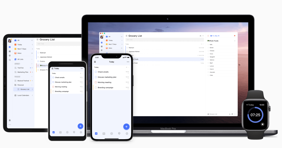 Visualização da lista de tarefas do aplicativo de produtividade em um tablet, um smartphone e um laptop