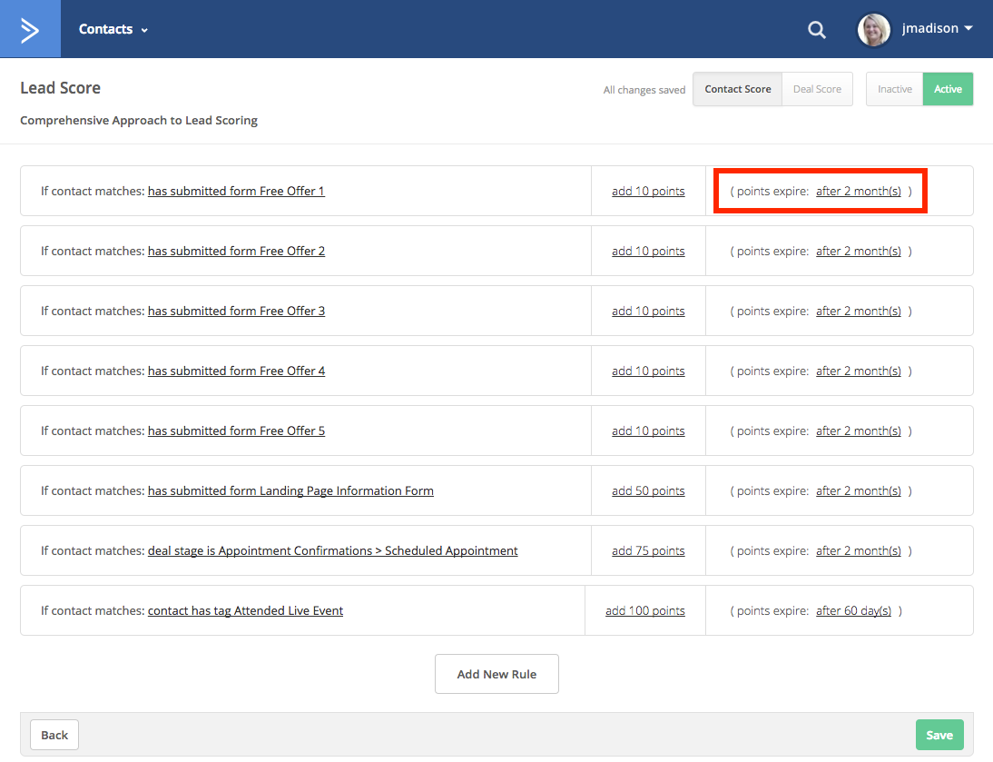 regras lead scoring rules activecampaign