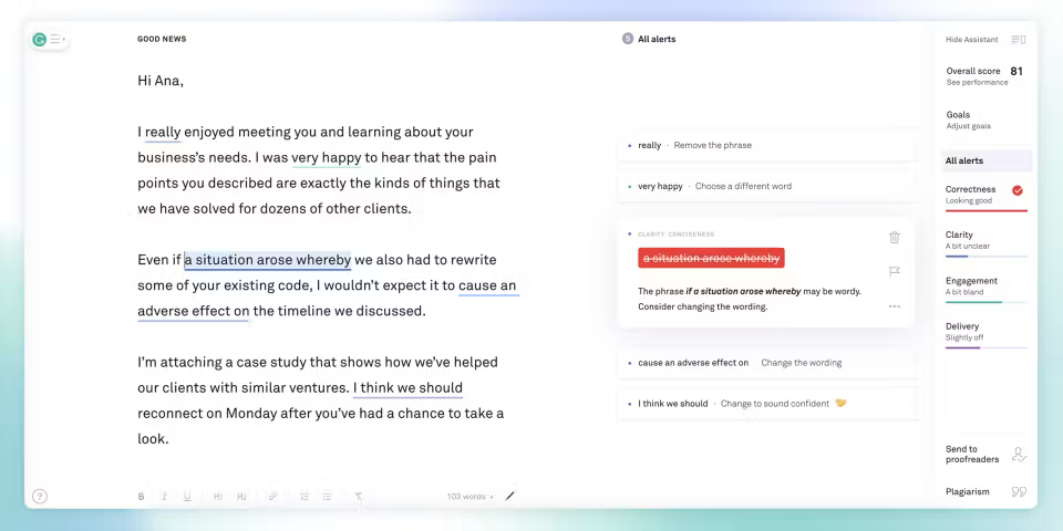 screenshot della piattaforma Grammarly intelligenza artificiale