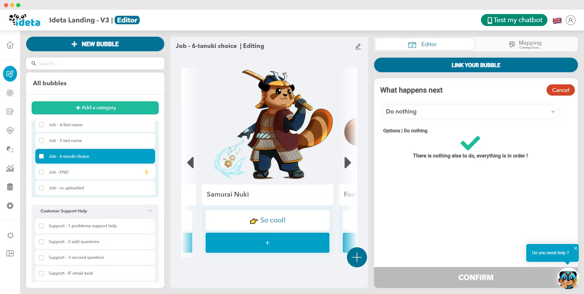 Het aanpassingsscherm voor de chatbot van Ideta