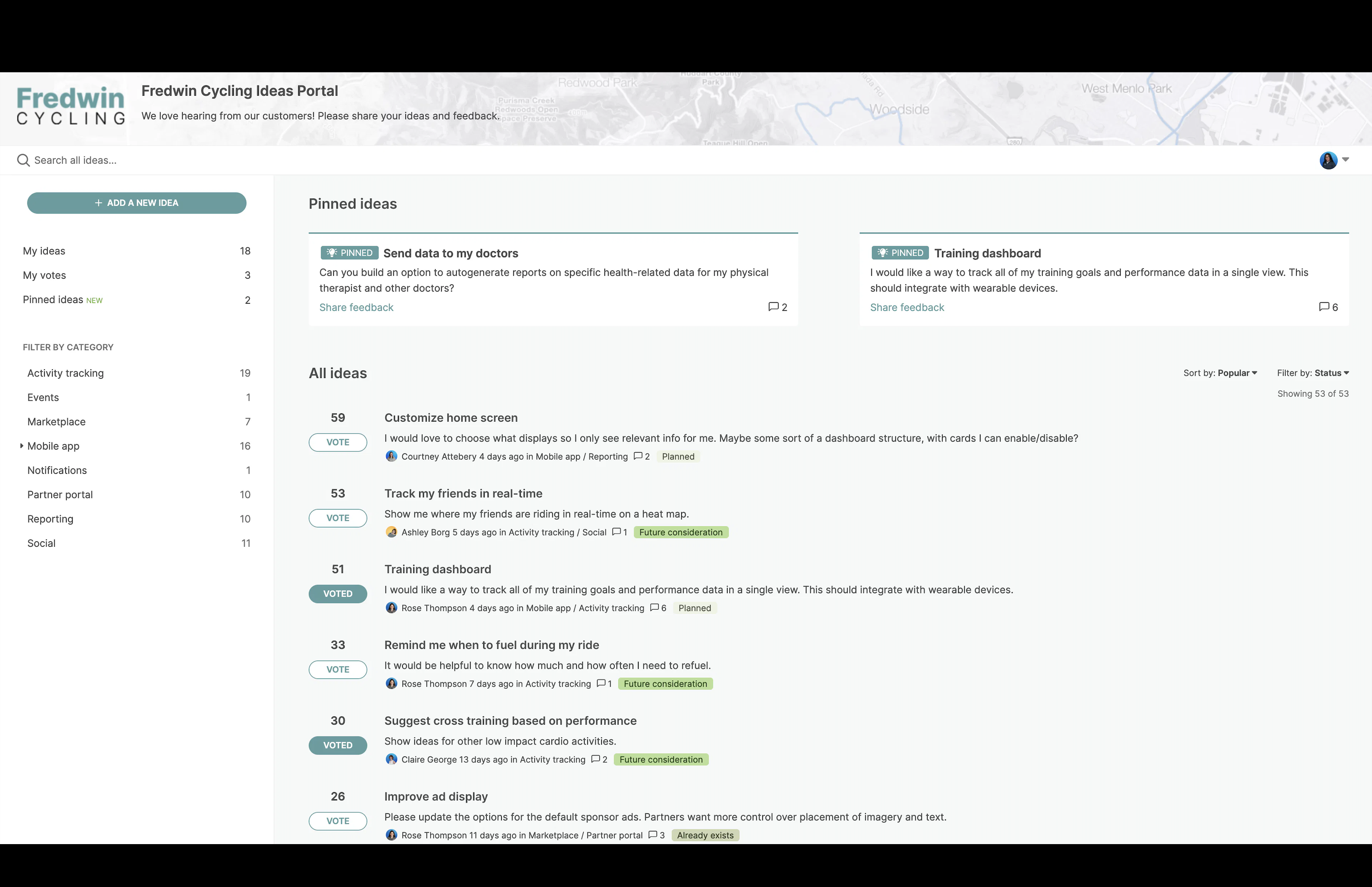 Ideias fixadas na ferramenta de banco de ideias Aha!