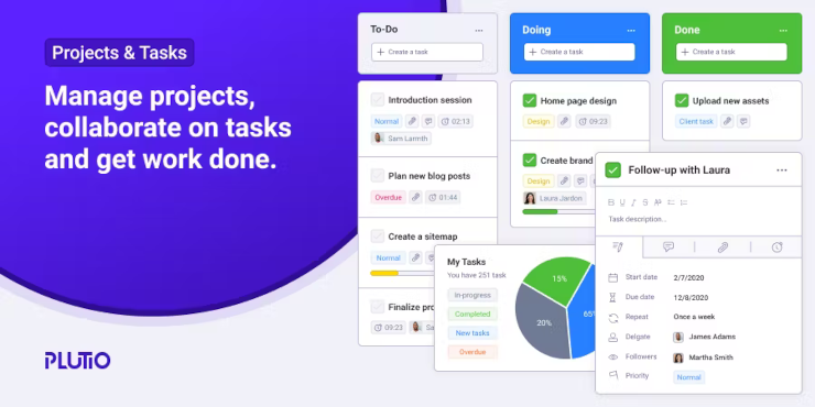 Visualización de listas de tareas pendientes y programación de reuniones en Plutio, una herramienta de gestión empresarial.
