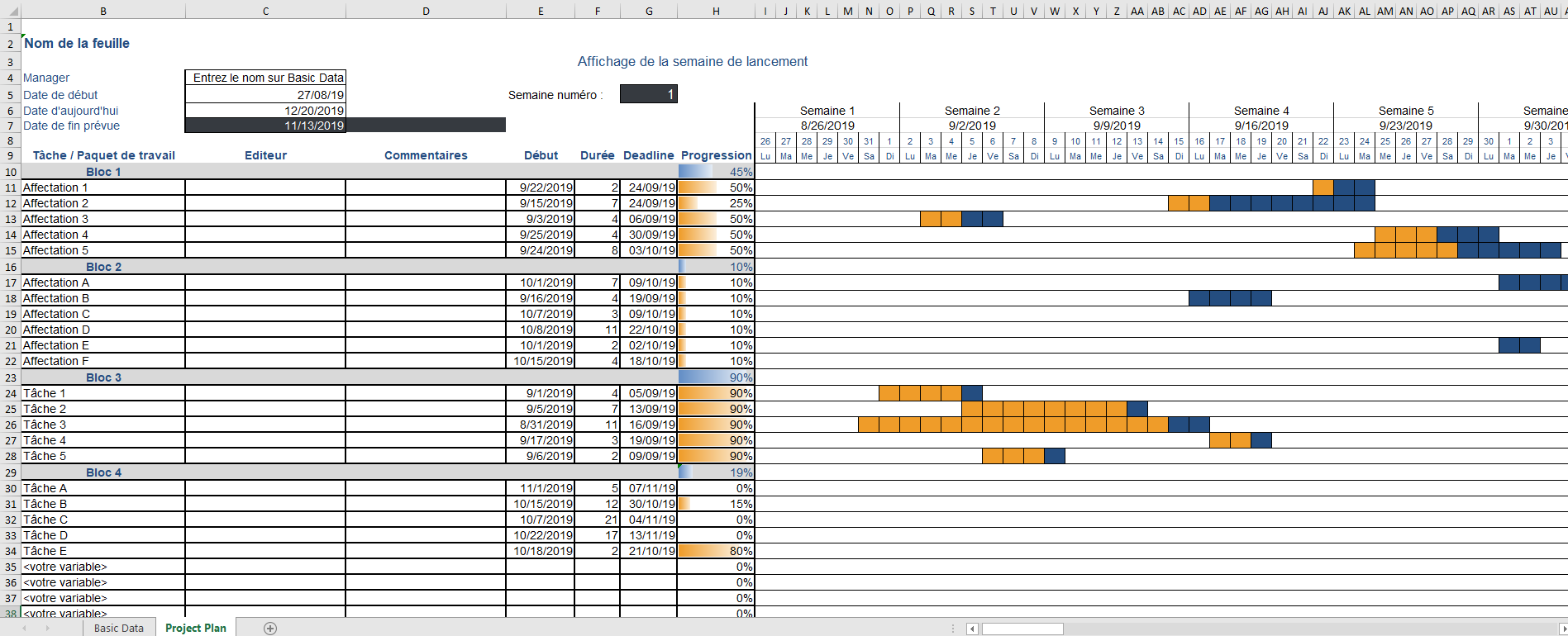 Capture d'écran du diagramme de Gantt Excel à télécharger