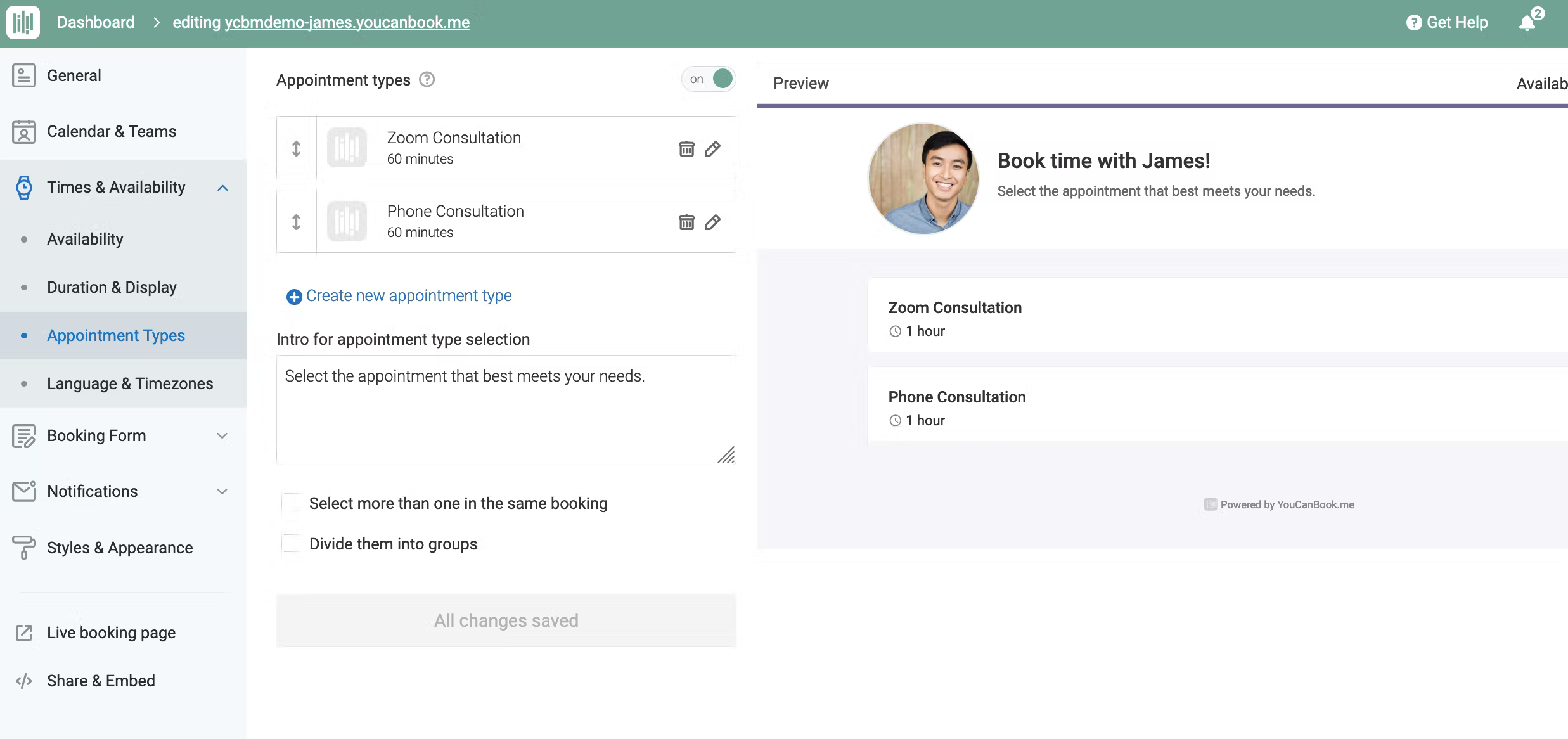 appointment-scheduling-software-UK-Capterra-Screenshot-YouCanBook YouCanBook.me dashboard for appointment scheduling for businesses
