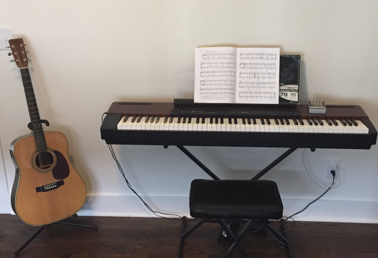 Bild des Musikzimmers von Greepal mit einem Keyboard und einer Gitarre um zu Veranschaulichen wie Musik als Corporate Wellness-Programm die Mitarbeiterzufriedenheit steigern kann