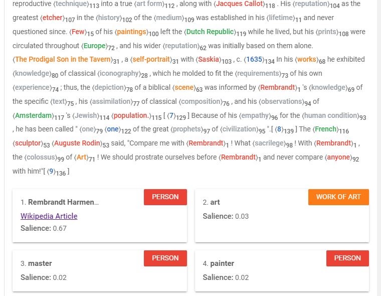 screenshot entities en categorieën in Google NL API