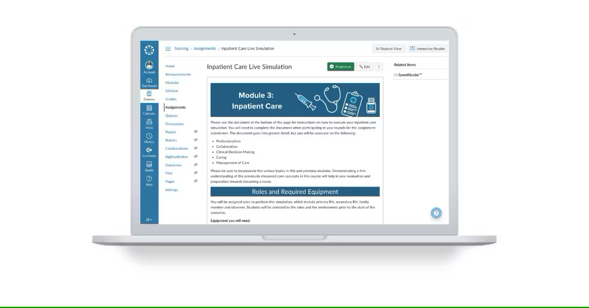 Screenshot dell'interfaccia di Canvas LMS che mostra un modulo formativo con compiti