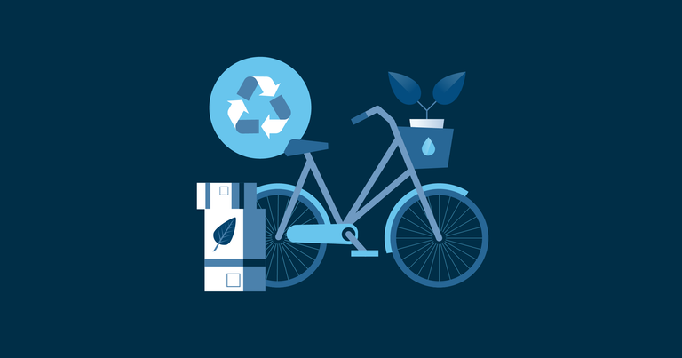 Een fiets, plant, recycle-icoon en blad als symbolen van duurzaamheid
