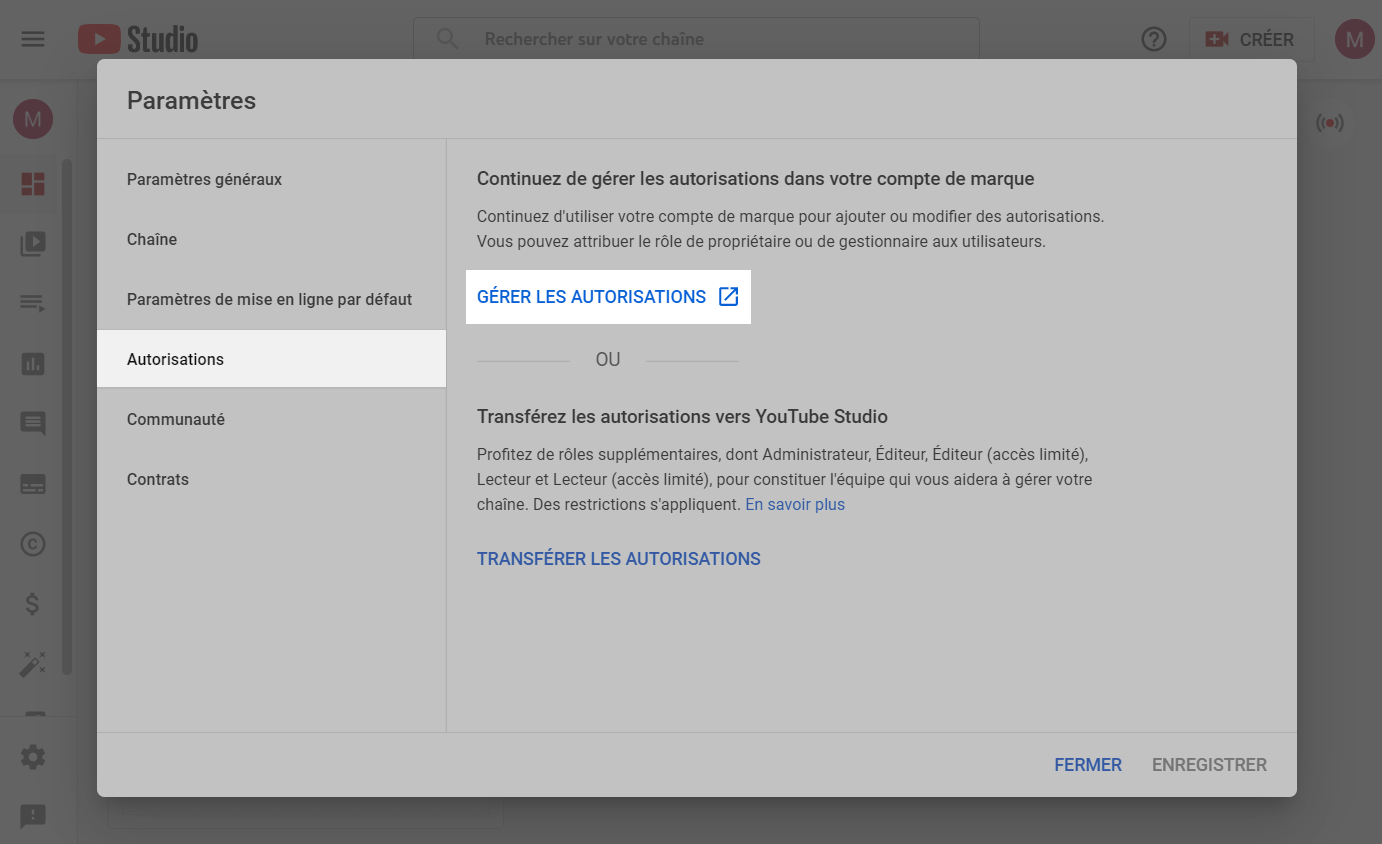 autorisations youtube studio